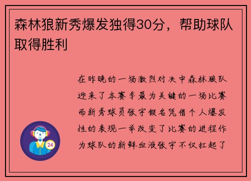 森林狼新秀爆发独得30分，帮助球队取得胜利